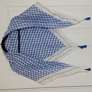 🌿 Vintage Style Blue White Block Print Cotton Scarf Tassel Boho Wrap